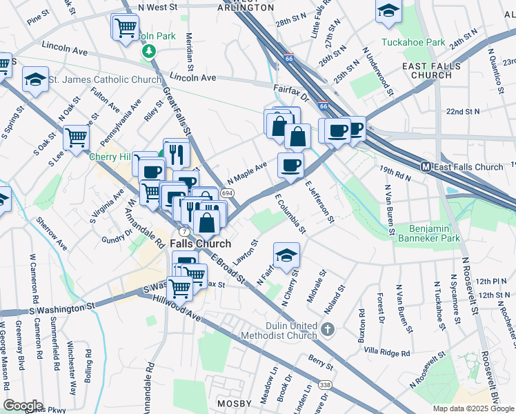 map of restaurants, bars, coffee shops, grocery stores, and more near 330 Lee Highway in Falls Church
