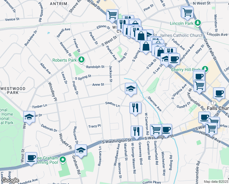 map of restaurants, bars, coffee shops, grocery stores, and more near 407 Timber Lane in Falls Church
