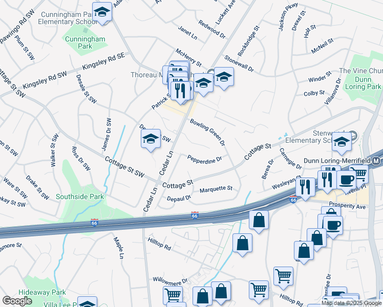 map of restaurants, bars, coffee shops, grocery stores, and more near 8604 Pepperdine Drive in Vienna