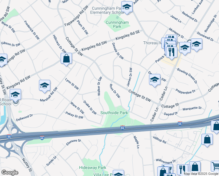 map of restaurants, bars, coffee shops, grocery stores, and more near 1207 Ross Drive Southwest in Vienna