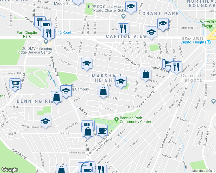 map of restaurants, bars, coffee shops, grocery stores, and more near 5111 Call Place Southeast in Washington