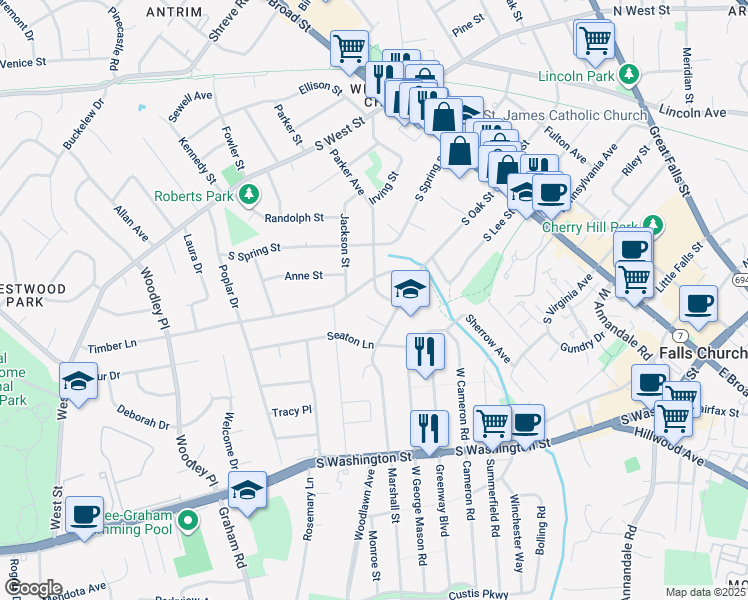 map of restaurants, bars, coffee shops, grocery stores, and more near 306 Parker Avenue in Falls Church
