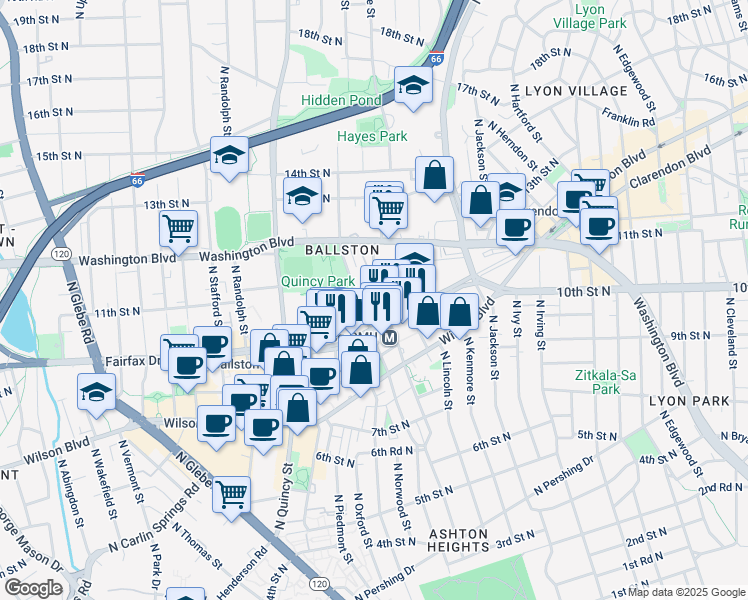 map of restaurants, bars, coffee shops, grocery stores, and more near 3625 10th Street North in Arlington
