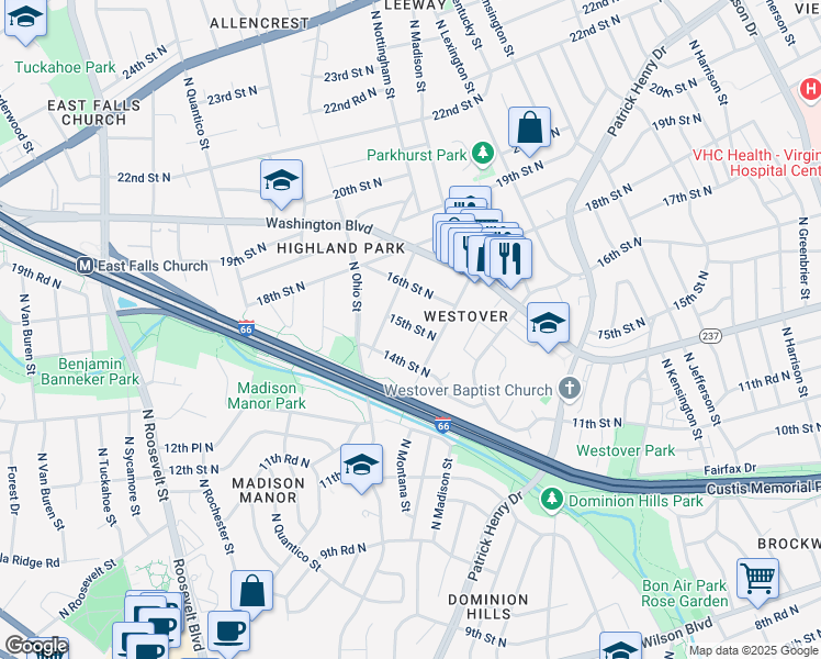 map of restaurants, bars, coffee shops, grocery stores, and more near 5924 15th St N in Arlington