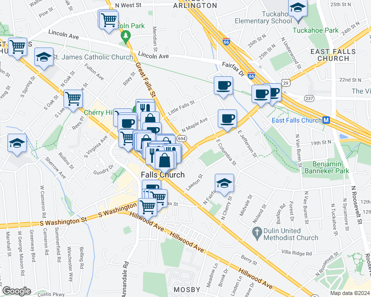 map of restaurants, bars, coffee shops, grocery stores, and more near 107 Great Falls Street in Falls Church