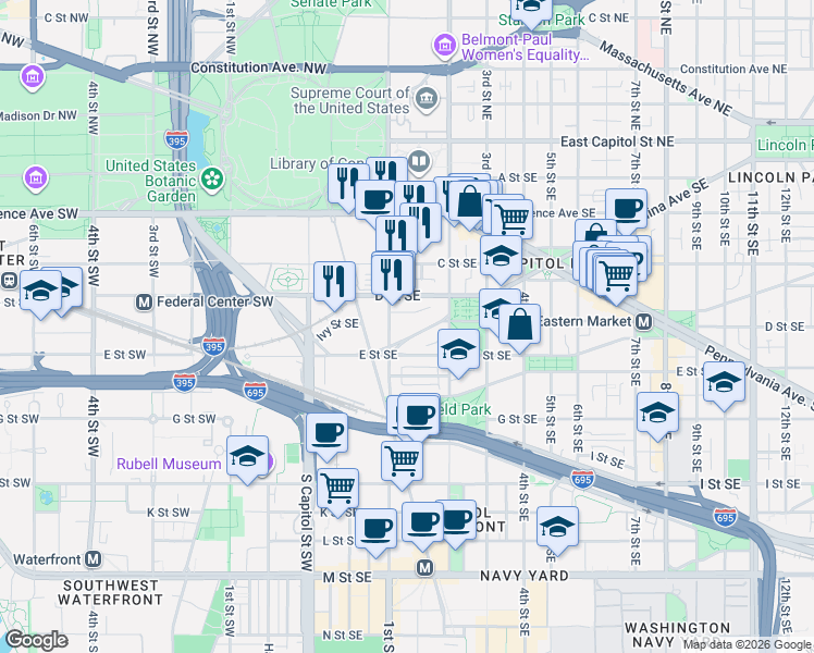 map of restaurants, bars, coffee shops, grocery stores, and more near 101 Independence Avenue Southeast in Washington