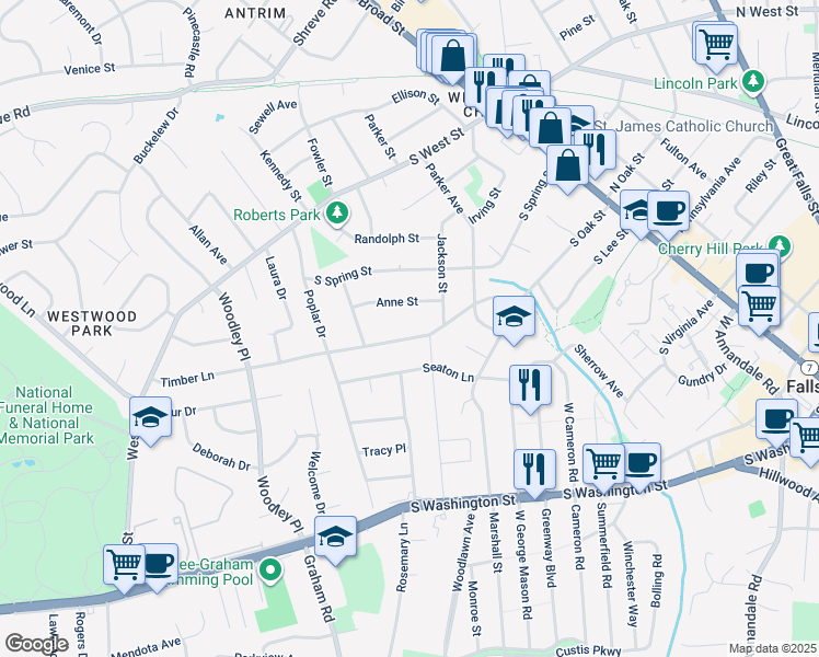 map of restaurants, bars, coffee shops, grocery stores, and more near 508 Timber Lane in Falls Church
