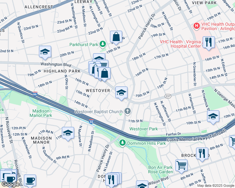 map of restaurants, bars, coffee shops, grocery stores, and more near 5820 Washington Boulevard in Arlington