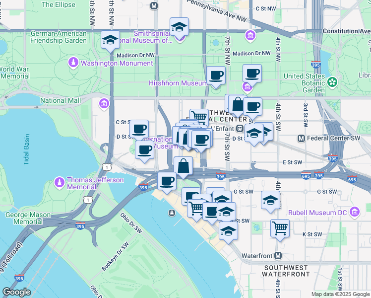 map of restaurants, bars, coffee shops, grocery stores, and more near 700 L'Enfant Plaza Southwest in Washington
