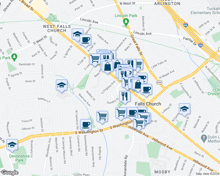 map of restaurants, bars, coffee shops, grocery stores, and more near 161 South Virginia Avenue in Falls Church