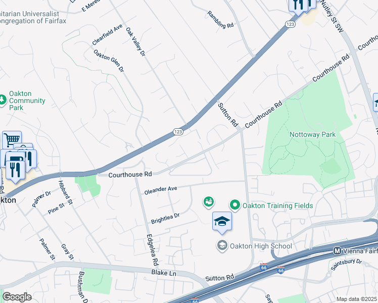 map of restaurants, bars, coffee shops, grocery stores, and more near 2731 Hidden Road in Vienna