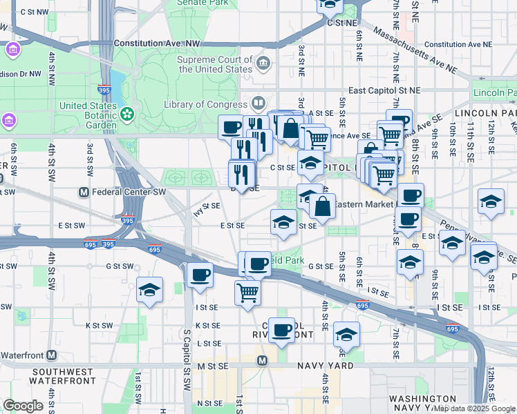 map of restaurants, bars, coffee shops, grocery stores, and more near 134 North Carolina Avenue Southeast in Washington