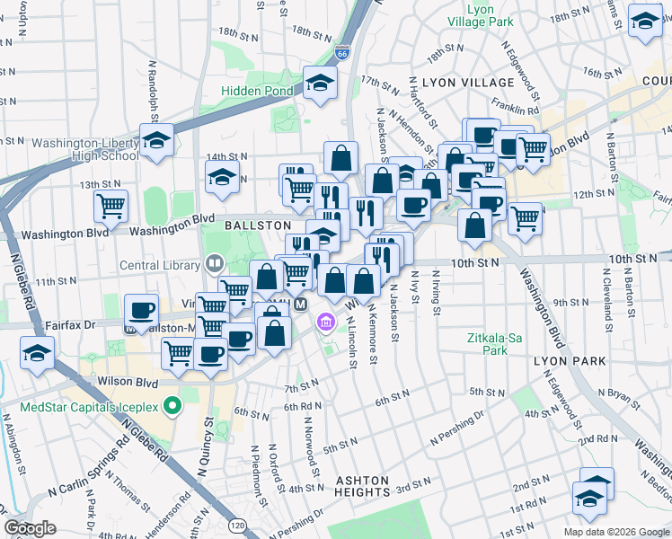 map of restaurants, bars, coffee shops, grocery stores, and more near Fairfax Drive in Arlington