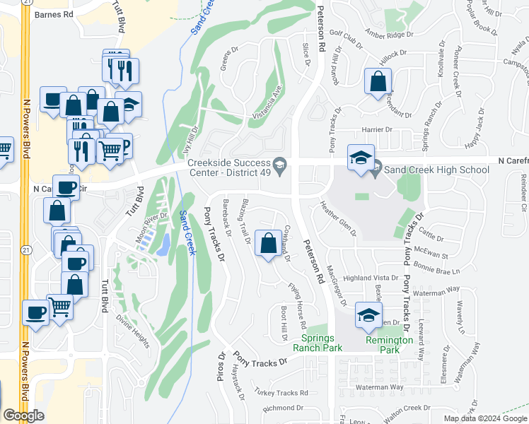 map of restaurants, bars, coffee shops, grocery stores, and more near 3560 Cowhand Drive in Colorado Springs