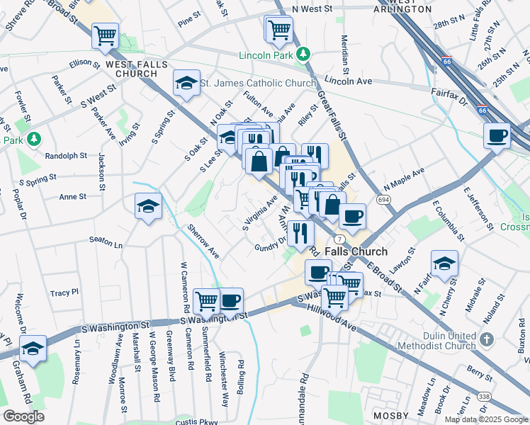 map of restaurants, bars, coffee shops, grocery stores, and more near 161 South Virginia Avenue in Falls Church