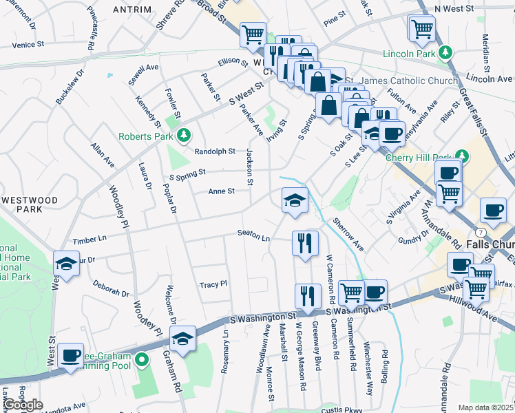 map of restaurants, bars, coffee shops, grocery stores, and more near 407 Timber Lane in Falls Church