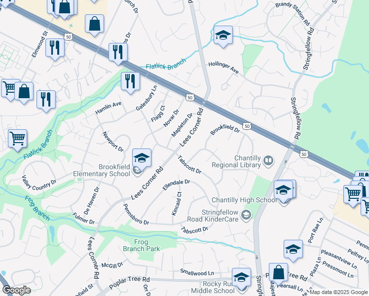 map of restaurants, bars, coffee shops, grocery stores, and more near 4109 Lees Corner Road in Chantilly