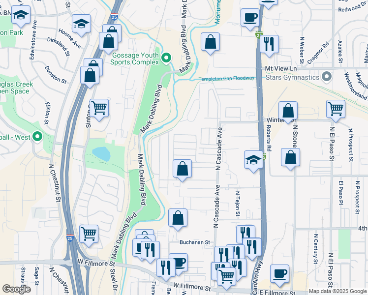 map of restaurants, bars, coffee shops, grocery stores, and more near 24042 Silver Bonnet Point in Colorado Springs