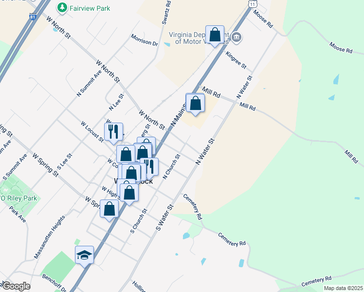 map of restaurants, bars, coffee shops, grocery stores, and more near 317 North Church Street in Woodstock
