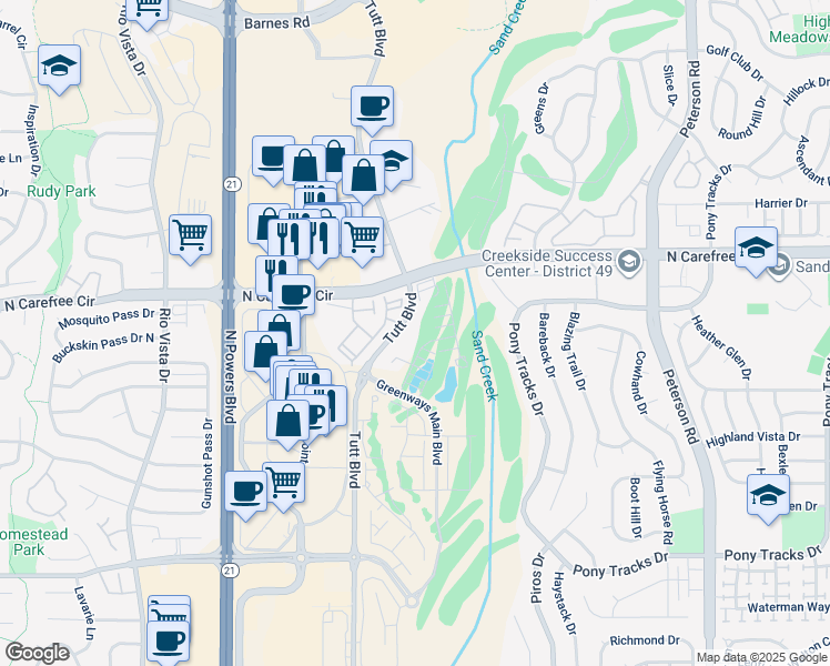 map of restaurants, bars, coffee shops, grocery stores, and more near 3673 Golf Course View in Colorado Springs