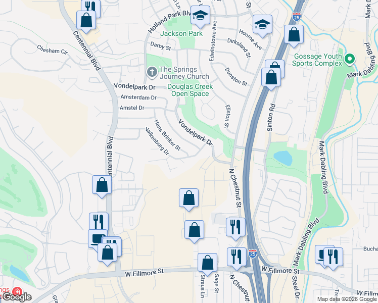 map of restaurants, bars, coffee shops, grocery stores, and more near 841 Amsterdam Drive in Colorado Springs