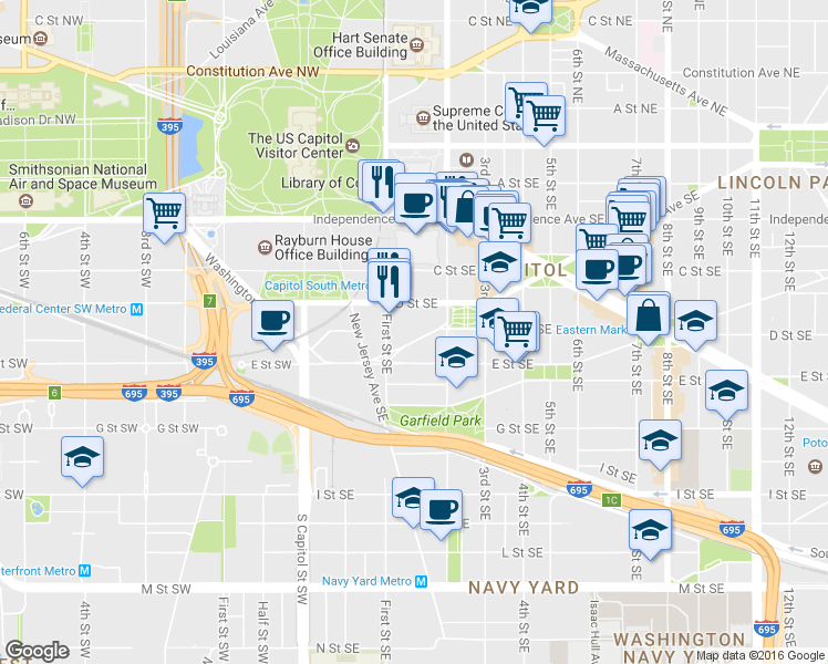 map of restaurants, bars, coffee shops, grocery stores, and more near 101 Independence Avenue Southeast in Washington
