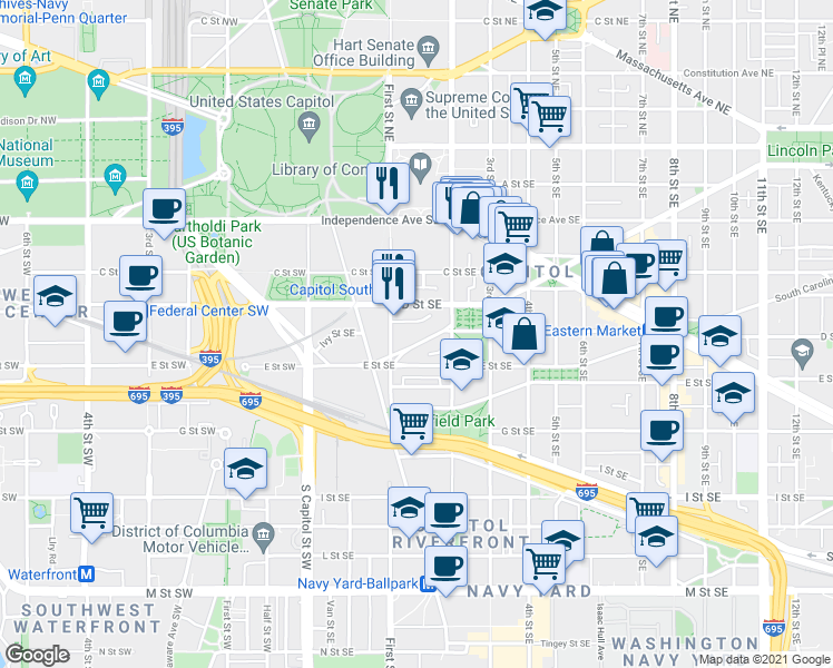 map of restaurants, bars, coffee shops, grocery stores, and more near 101 Independence Avenue Southeast in Washington