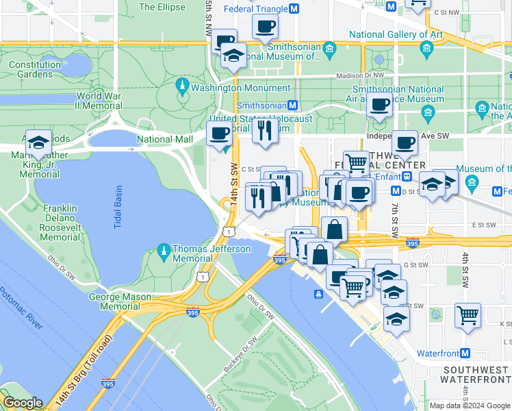 map of restaurants, bars, coffee shops, grocery stores, and more near 1331 Maryland Avenue Southwest in Washington