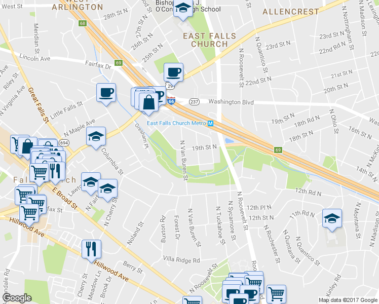 map of restaurants, bars, coffee shops, grocery stores, and more near 6712 19th Street North in Arlington