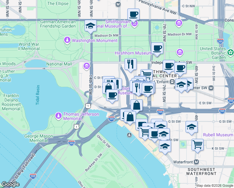 map of restaurants, bars, coffee shops, grocery stores, and more near 101 Independence Avenue Southeast in Washington