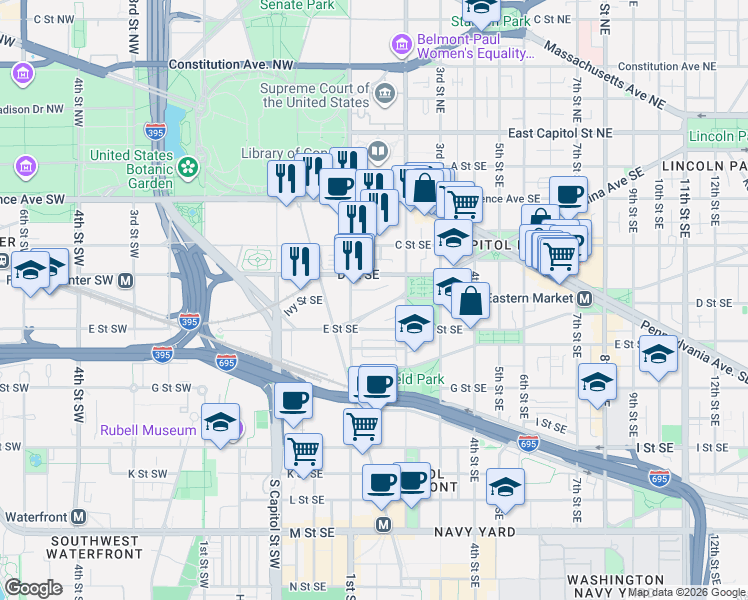 map of restaurants, bars, coffee shops, grocery stores, and more near 101 Independence Avenue Southeast in Washington