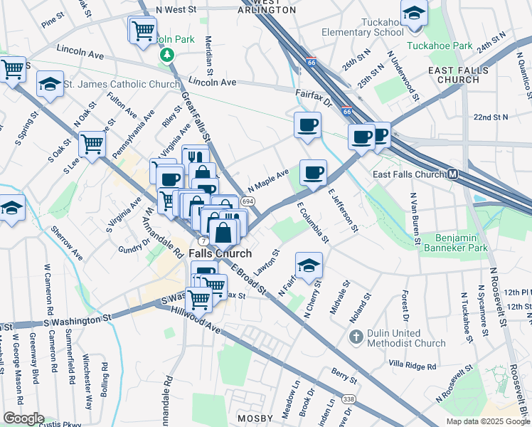 map of restaurants, bars, coffee shops, grocery stores, and more near Lee Highway in Arlington