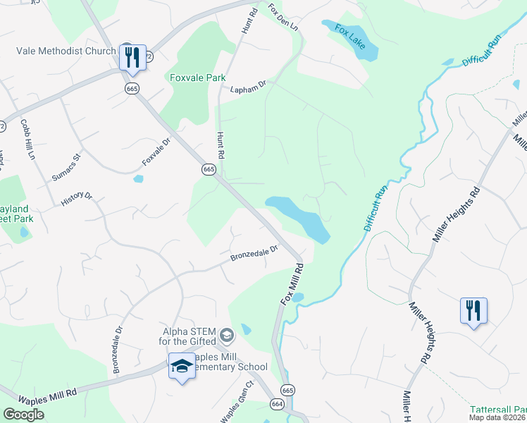 map of restaurants, bars, coffee shops, grocery stores, and more near 3273 Fox Mill Road in Oakton
