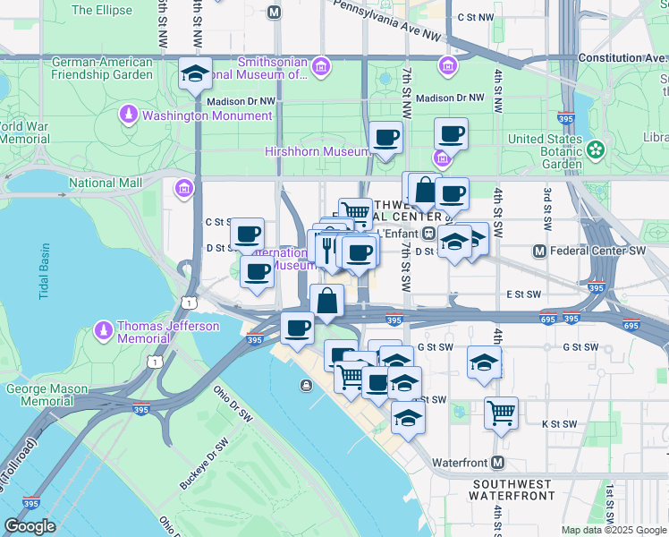 map of restaurants, bars, coffee shops, grocery stores, and more near L'Enfant Plaza Southwest in Washington