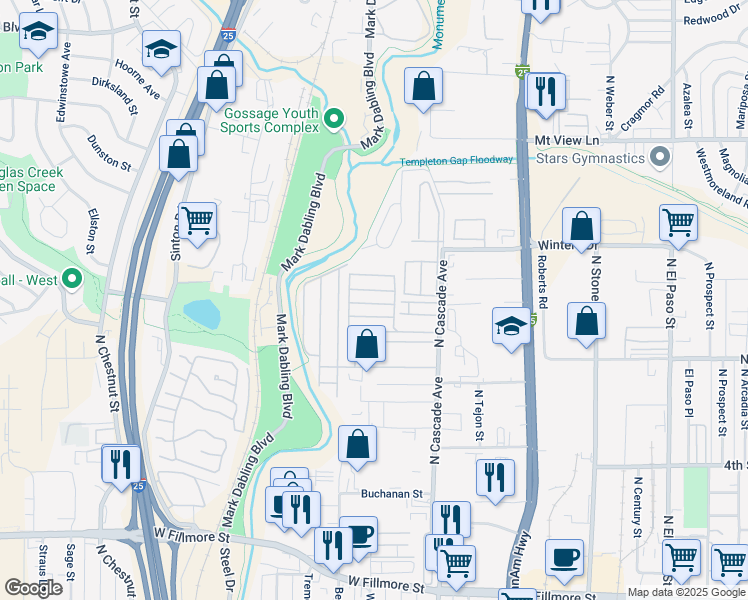 map of restaurants, bars, coffee shops, grocery stores, and more near 24042 Silver Bonnet Point in Colorado Springs