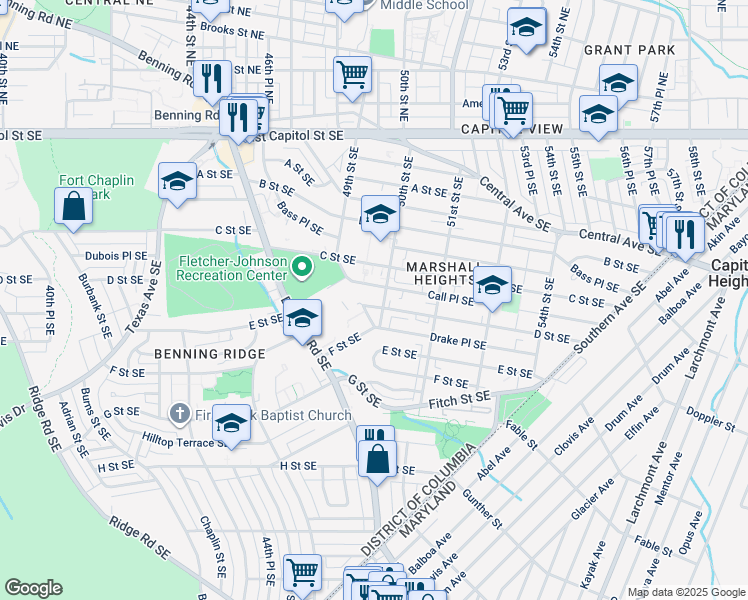 map of restaurants, bars, coffee shops, grocery stores, and more near 4924 D Street Southeast in Washington