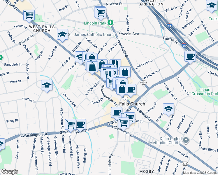 map of restaurants, bars, coffee shops, grocery stores, and more near 369 West Broad Street in Falls Church