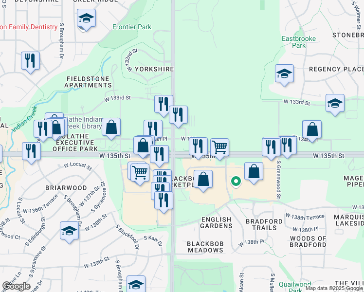 map of restaurants, bars, coffee shops, grocery stores, and more near W 134th Pl in Olathe