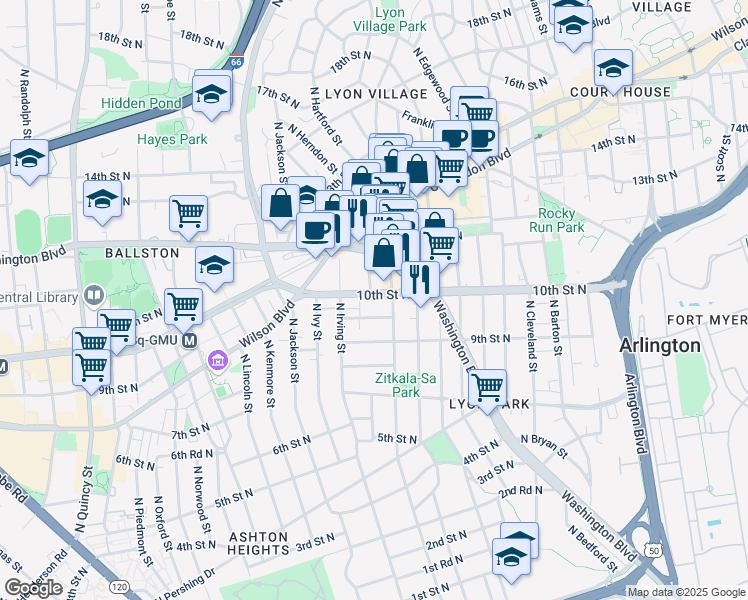 map of restaurants, bars, coffee shops, grocery stores, and more near 3110 10th Street North in Arlington