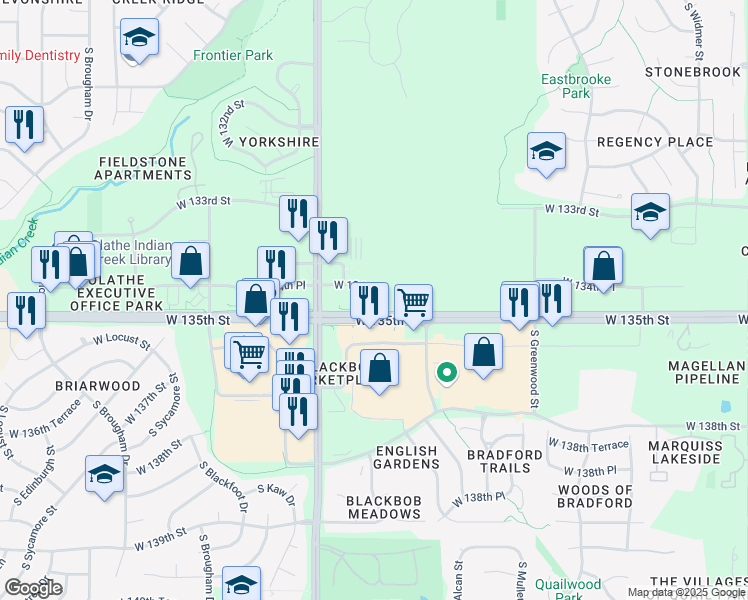 map of restaurants, bars, coffee shops, grocery stores, and more near West 134th Place in Olathe
