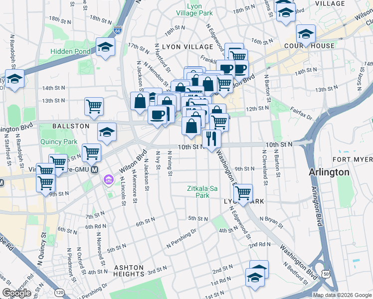 map of restaurants, bars, coffee shops, grocery stores, and more near 3110 10th Street North in Arlington