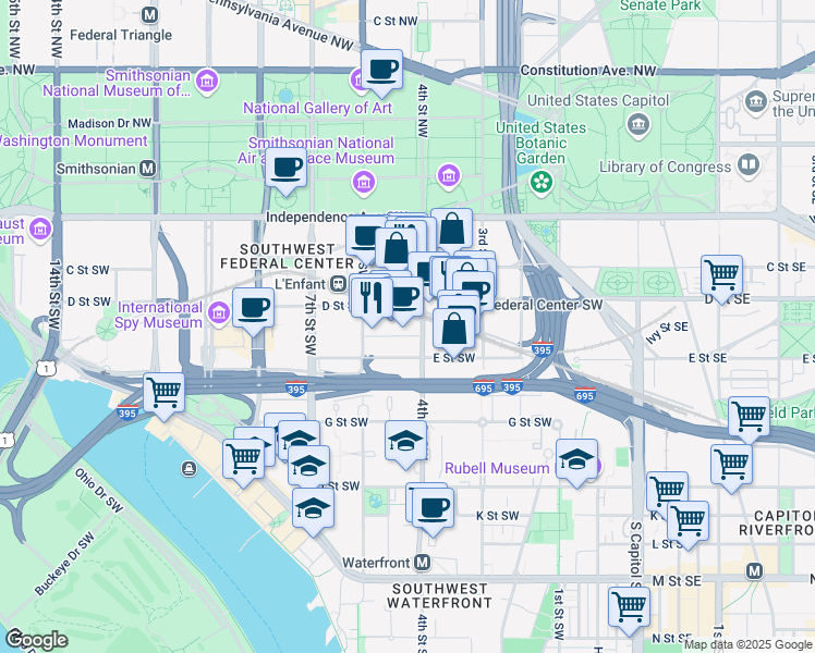 map of restaurants, bars, coffee shops, grocery stores, and more near 101 Independence Avenue Southeast in Washington