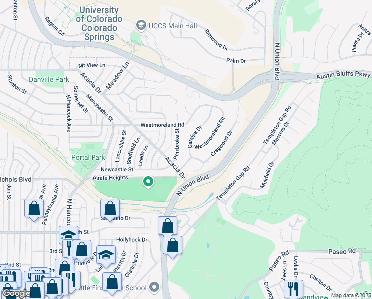map of restaurants, bars, coffee shops, grocery stores, and more near 3710 Catalpa Drive in Colorado Springs