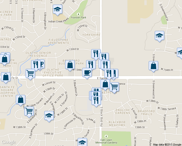 map of restaurants, bars, coffee shops, grocery stores, and more near 15225 W 134th Pl in Olathe