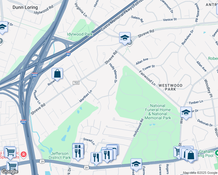 map of restaurants, bars, coffee shops, grocery stores, and more near 2578 Holly Manor Drive in Falls Church