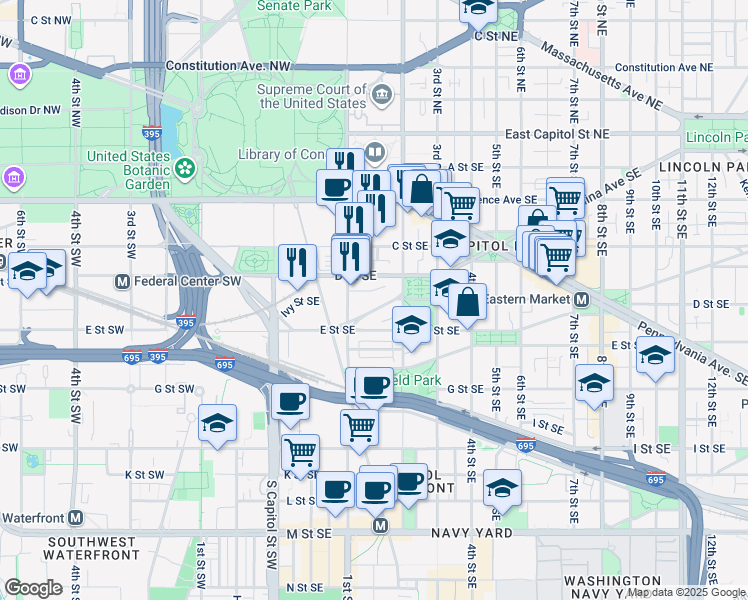 map of restaurants, bars, coffee shops, grocery stores, and more near 134 North Carolina Avenue Southeast in Washington