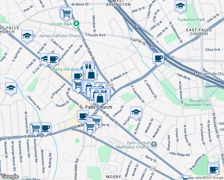 map of restaurants, bars, coffee shops, grocery stores, and more near 113 Great Falls Street in Falls Church