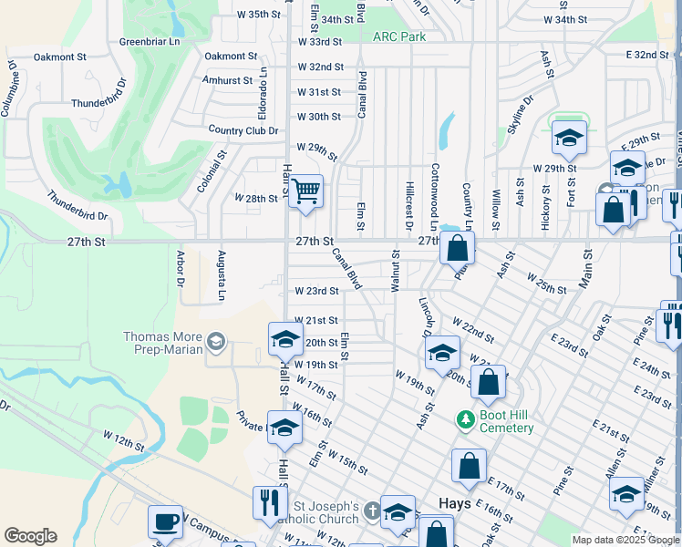 map of restaurants, bars, coffee shops, grocery stores, and more near 506-508 West 24th Street in Hays