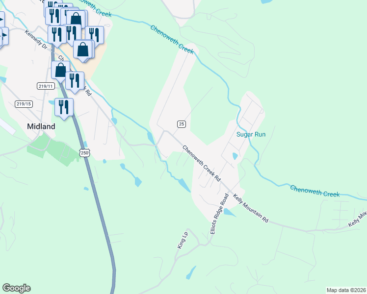 map of restaurants, bars, coffee shops, grocery stores, and more near Chenoweth Creek Road in Elkins