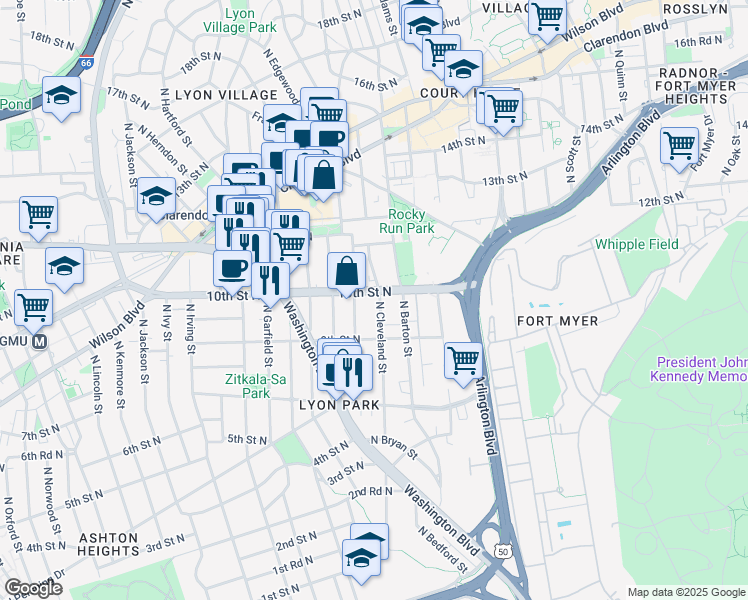 map of restaurants, bars, coffee shops, grocery stores, and more near 934 North Cleveland Street in Arlington